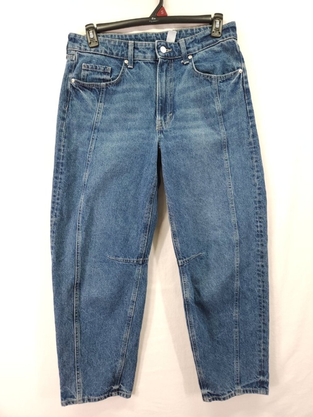 H&M &denim Women Size 8 34x26 Barrel Loose Fit Mid Waist Seamed Blue Denim Jeans